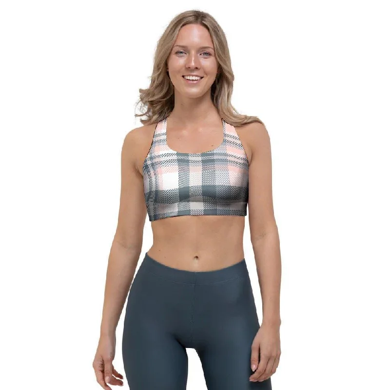 Pink Grey Plaid Tartan Sports Bra Sporty Wireless Bra