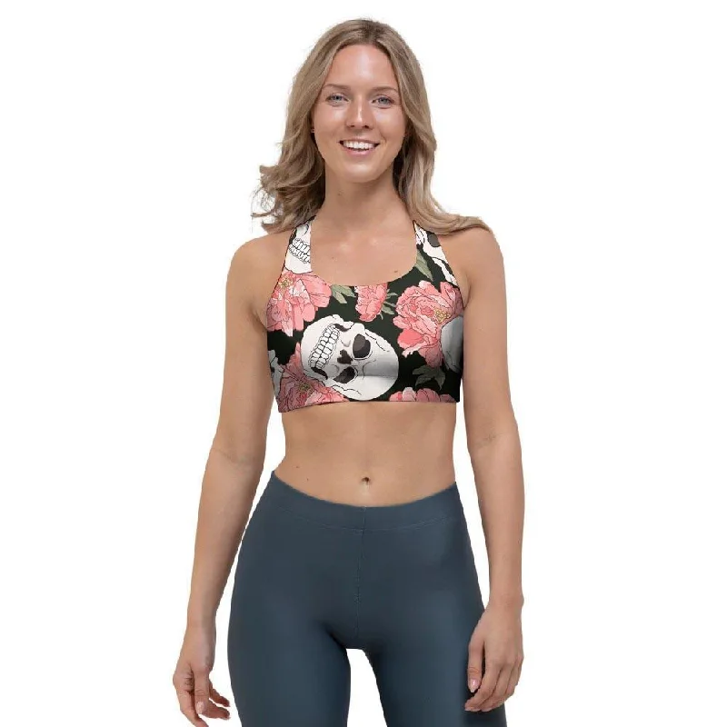 Pink Peony Skull Sports Bra Lightly Padded Bra