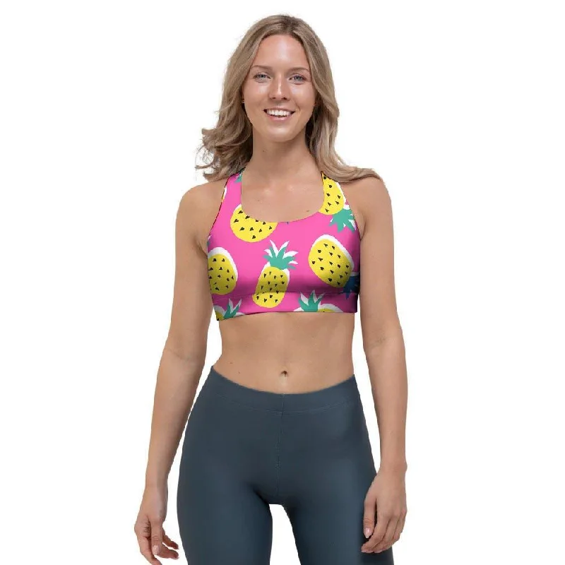 Pink Pineapple Print Sports Bra Soft Cup Bra