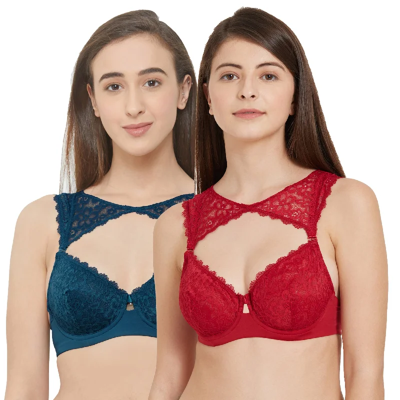 Semi/Medium Coverage Non Padded Wired Lace Demi Cup Bra (Pack Of 2) FB-545 Elegant Lace Lingerie