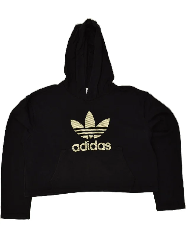 ADIDAS Womens Graphic Crop Hoodie Jumper UK 12 Medium Black Cotton Hoodie with Drawstring Waist Adjustable Fitted ADIDAS Womens Graphic Crop Hoodie Jumper UK 12 Medium Black Cotton Hoodie with Drawstring Waist Adjustable Fitted