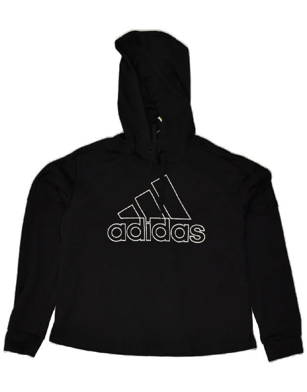ADIDAS Womens Graphic Hoodie Jumper UK 12/14 Medium Black Polyester Hoodie with Applique Textured Unique ADIDAS Womens Graphic Hoodie Jumper UK 12/14 Medium Black Polyester Hoodie with Applique Textured Unique
