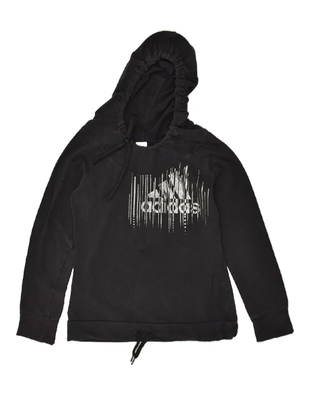 ADIDAS Womens Graphic Hoodie Jumper UK 14 Large Black Cotton Hoodie with Distressed Vintage Worn ADIDAS Womens Graphic Hoodie Jumper UK 14 Large Black Cotton Hoodie with Distressed Vintage Worn