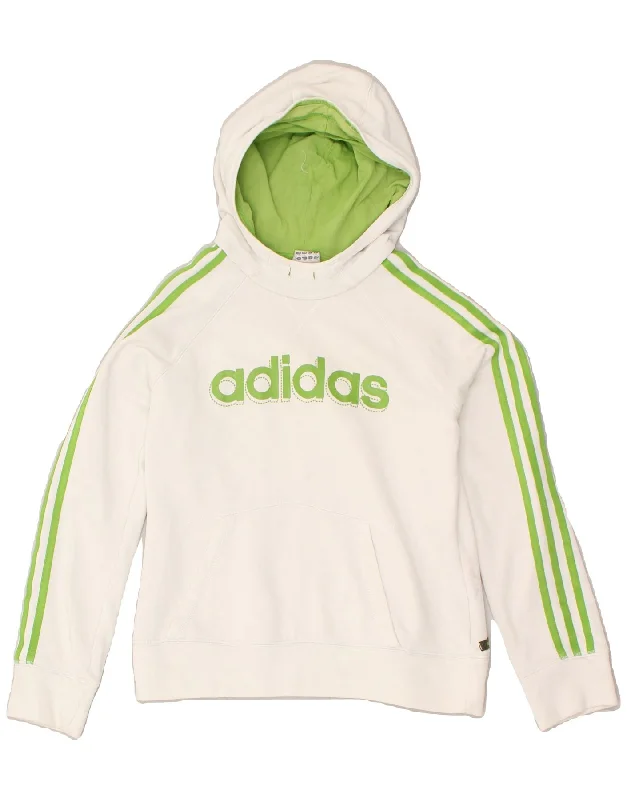 ADIDAS Womens Graphic Hoodie Jumper UK 14 Large White Cotton Hoodie with Cropped Fit Short Trendy ADIDAS Womens Graphic Hoodie Jumper UK 14 Large White Cotton Hoodie with Cropped Fit Short Trendy