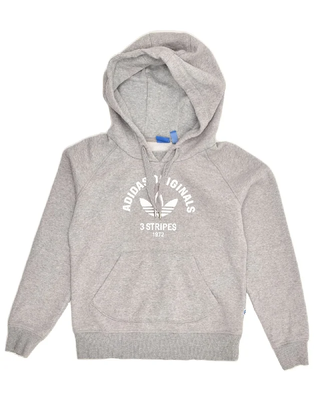 ADIDAS Womens Graphic Hoodie Jumper UK 6 XS Grey Cotton Hoodie with Hem Detail Decorative Unique ADIDAS Womens Graphic Hoodie Jumper UK 6 XS Grey Cotton Hoodie with Hem Detail Decorative Unique