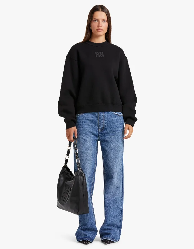 Essential Terry Crew Sweatshirt W/Puff Paint Logo - Black Hoodie Crop Top Short Trendy Essential Terry Crew Sweatshirt W/Puff Paint Logo - Black Hoodie Crop Top Short Trendy