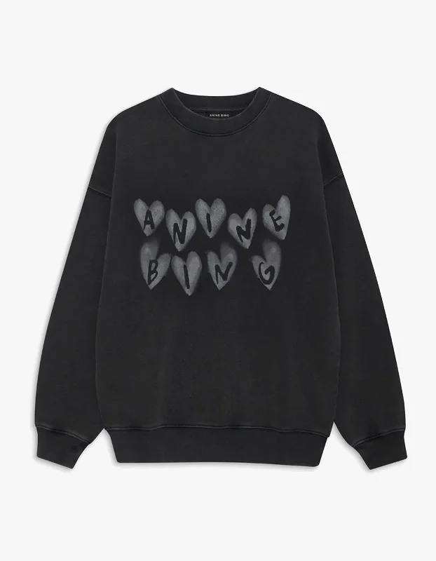 Spencer Sweatshirt Hearts - Washed Black Hoodie with Hem Contrast Bold Stylish