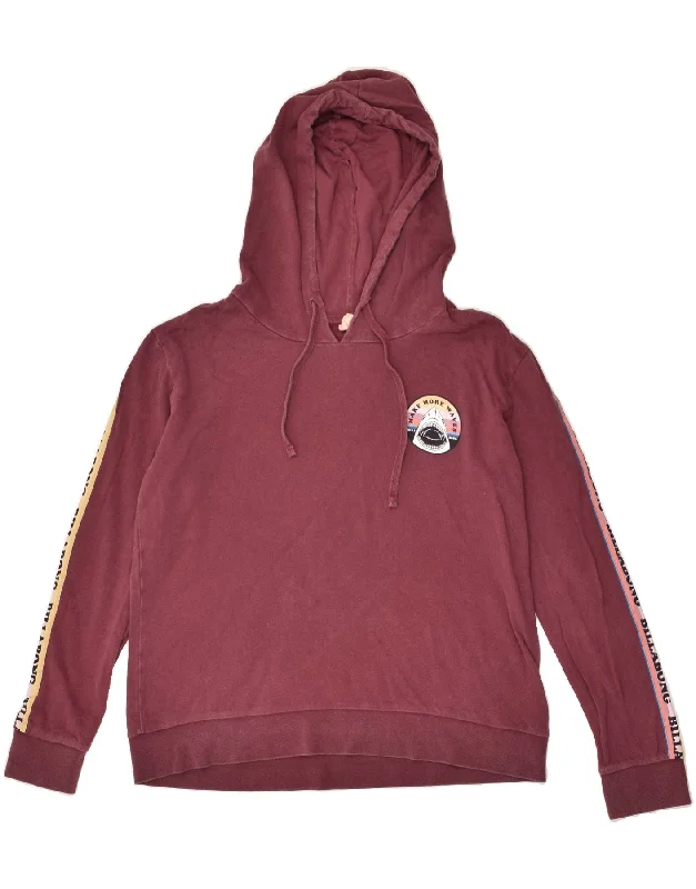 BILLABONG Womens Loose Fit Graphic Hoodie Jumper UK 14 Medium Burgundy Hoodie with Raw Hem Edgy Unfinished BILLABONG Womens Loose Fit Graphic Hoodie Jumper UK 14 Medium Burgundy Hoodie with Raw Hem Edgy Unfinished