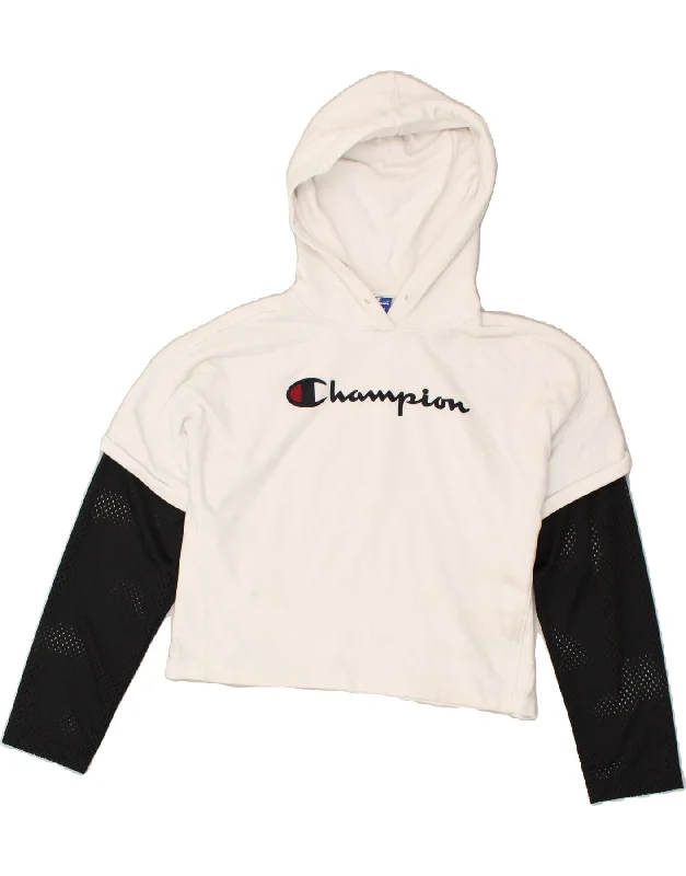 CHAMPION Womens Crop Graphic Hoodie Jumper UK12 Medium White Colourblock Hoodie with Metallic Shiny Futuristic CHAMPION Womens Crop Graphic Hoodie Jumper UK12 Medium White Colourblock Hoodie with Metallic Shiny Futuristic