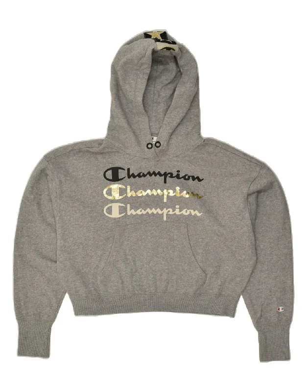CHAMPION Womens Graphic Crop Hoodie Jumper UK 12 Medium Grey Cotton Hoodie with Lining Warm Insulated