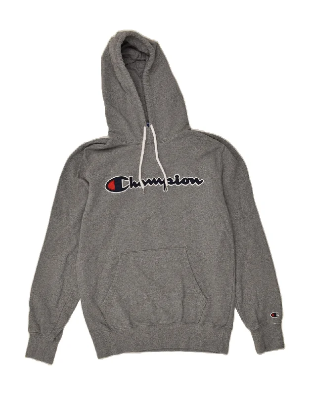 CHAMPION Womens Graphic Hoodie Jumper Large Grey Cotton Hoodie with Hem Drawcord Adjustable Customizable CHAMPION Womens Graphic Hoodie Jumper Large Grey Cotton Hoodie with Hem Drawcord Adjustable Customizable