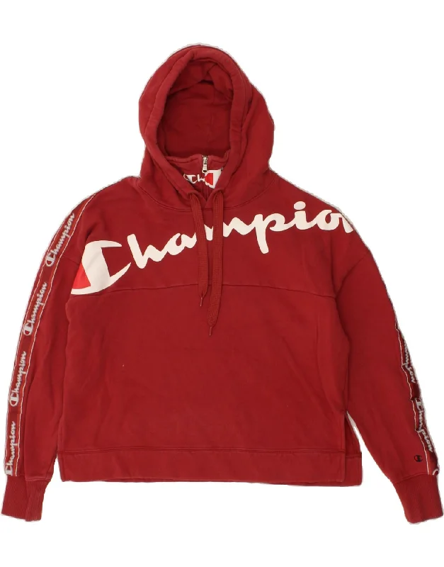 CHAMPION Womens Graphic Hoodie Jumper UK 10 Small Red Cotton Hoodie with Exposed Zipper Edgy Industrial CHAMPION Womens Graphic Hoodie Jumper UK 10 Small Red Cotton Hoodie with Exposed Zipper Edgy Industrial