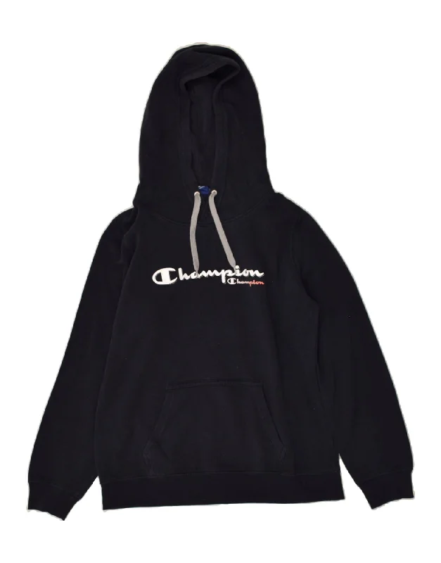 CHAMPION Womens Graphic Hoodie Jumper UK 14 Large Navy Blue Cotton Hoodie with Hem Embroidery Detailed Premium CHAMPION Womens Graphic Hoodie Jumper UK 14 Large Navy Blue Cotton Hoodie with Hem Embroidery Detailed Premium
