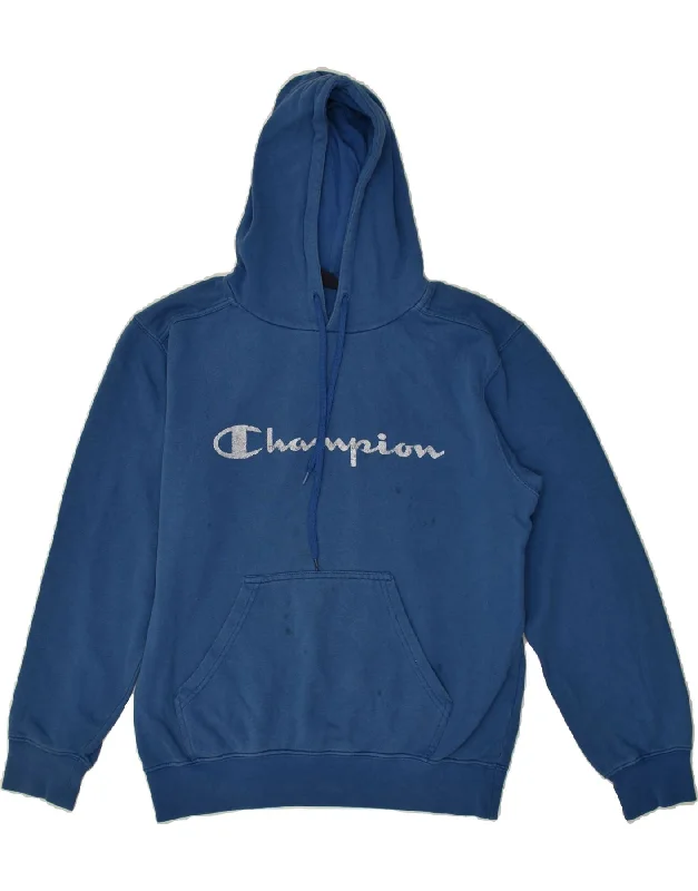 CHAMPION Womens Graphic Hoodie Jumper UK 14 Medium Blue Cotton Hoodie with Slit Hem Functional Movement CHAMPION Womens Graphic Hoodie Jumper UK 14 Medium Blue Cotton Hoodie with Slit Hem Functional Movement