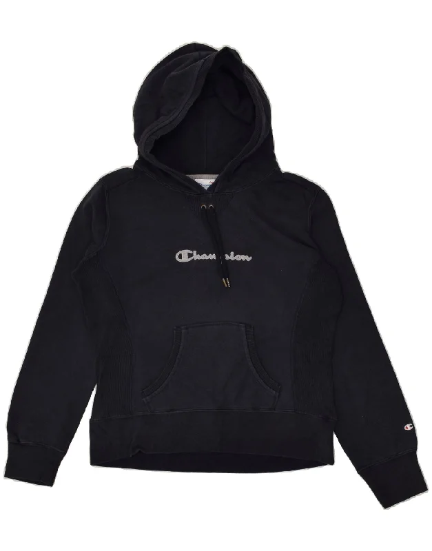 CHAMPION Womens Graphic Hoodie Jumper UK 14 Medium Navy Blue Cotton Hoodie with Logo Branding Identity CHAMPION Womens Graphic Hoodie Jumper UK 14 Medium Navy Blue Cotton Hoodie with Logo Branding Identity