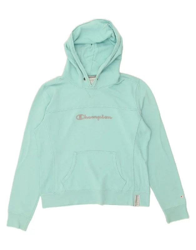 CHAMPION Womens Graphic Hoodie Jumper UK 16 Large Blue Cotton Hoodie with Sequins Glamorous Eye-catching CHAMPION Womens Graphic Hoodie Jumper UK 16 Large Blue Cotton Hoodie with Sequins Glamorous Eye-catching