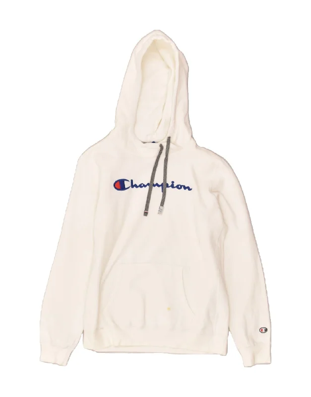 CHAMPION Womens Graphic Hoodie Jumper UK 16 Large White Cotton Hoodie with Hem Fringe Bohemian Relaxed CHAMPION Womens Graphic Hoodie Jumper UK 16 Large White Cotton Hoodie with Hem Fringe Bohemian Relaxed