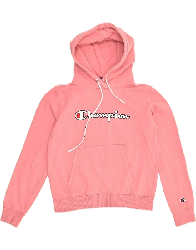 CHAMPION Womens Graphic Hoodie Jumper UK 4 XS Pink Cotton Hoodie with Hem Embroidery Detailed Premium CHAMPION Womens Graphic Hoodie Jumper UK 4 XS Pink Cotton Hoodie with Hem Embroidery Detailed Premium