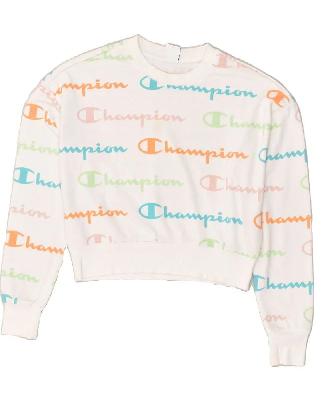 CHAMPION Womens Graphic Sweatshirt Jumper UK 14 Medium White Cotton Hoodie with Gradient Ombre Colorful CHAMPION Womens Graphic Sweatshirt Jumper UK 14 Medium White Cotton Hoodie with Gradient Ombre Colorful