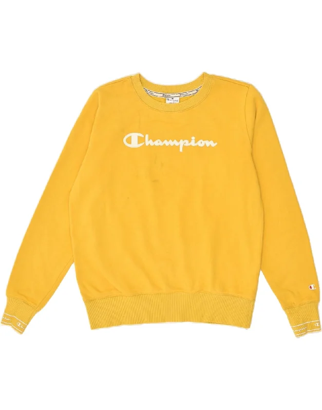 CHAMPION Womens Graphic Sweatshirt Jumper UK 16 Large Yellow Cotton Hoodie with Hem Contrast Bold Stylish CHAMPION Womens Graphic Sweatshirt Jumper UK 16 Large Yellow Cotton Hoodie with Hem Contrast Bold Stylish