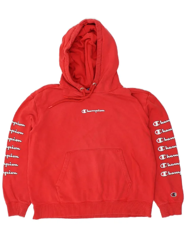 CHAMPION Womens Loose Fit Graphic Hoodie Jumper UK 14 Medium Red Cotton Hoodie with Emblem Brand Identity CHAMPION Womens Loose Fit Graphic Hoodie Jumper UK 14 Medium Red Cotton Hoodie with Emblem Brand Identity