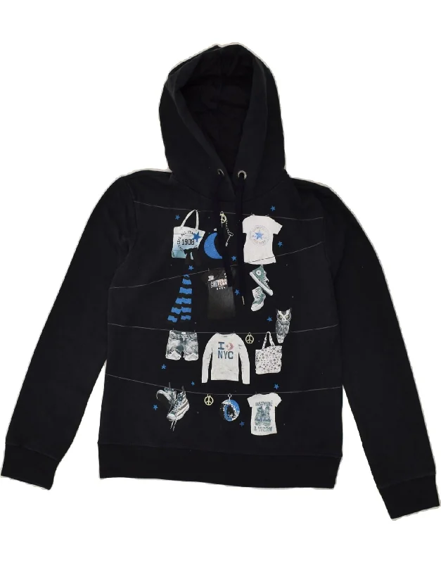 CONVERSE Womens Graphic Hoodie Jumper UK 14 Large Navy Blue Cotton Hoodie with Elastic Waist Stretchable Comfortable CONVERSE Womens Graphic Hoodie Jumper UK 14 Large Navy Blue Cotton Hoodie with Elastic Waist Stretchable Comfortable