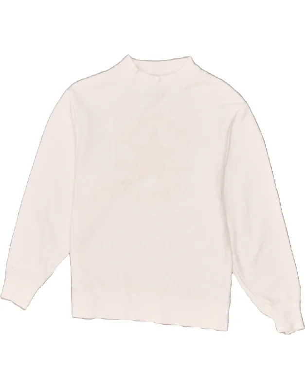 CONVERSE Womens Graphic Sweatshirt Jumper UK 2 2XS White Cotton Hoodie with Hem Raw Edge Edgy Unfinished CONVERSE Womens Graphic Sweatshirt Jumper UK 2 2XS White Cotton Hoodie with Hem Raw Edge Edgy Unfinished