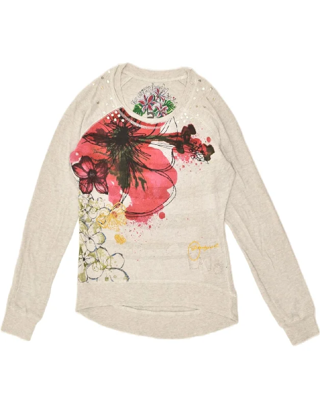 DESIGUAL Womens Graphic Sweatshirt Jumper UK 10 Small Grey Floral Cotton Hoodie with Hem Lace Feminine Delicate DESIGUAL Womens Graphic Sweatshirt Jumper UK 10 Small Grey Floral Cotton Hoodie with Hem Lace Feminine Delicate