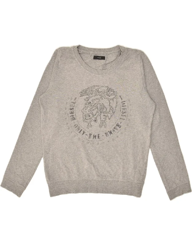 DIESEL Womens Graphic Sweatshirt Jumper UK 10 Small Grey Cotton Hoodie with Exposed Zipper Edgy Industrial DIESEL Womens Graphic Sweatshirt Jumper UK 10 Small Grey Cotton Hoodie with Exposed Zipper Edgy Industrial