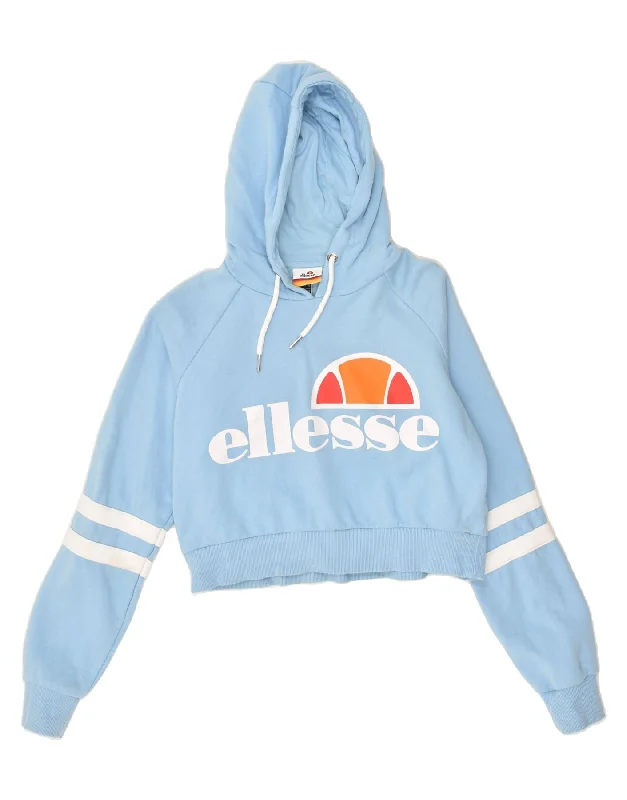 ELLESSE Womens Crop Graphic Hoodie Jumper UK 10 Small Blue Cotton Hoodie with Logo Branding Identity ELLESSE Womens Crop Graphic Hoodie Jumper UK 10 Small Blue Cotton Hoodie with Logo Branding Identity