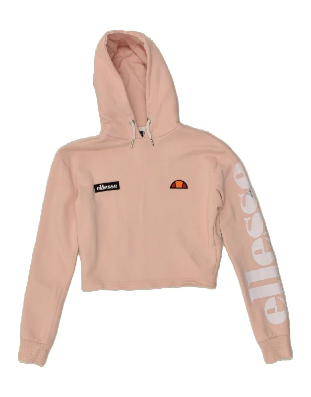 ELLESSE Womens Crop Graphic Hoodie Jumper UK 4 XS Pink Cotton Hoodie with Hem Ribbing Snug Secure ELLESSE Womens Crop Graphic Hoodie Jumper UK 4 XS Pink Cotton Hoodie with Hem Ribbing Snug Secure