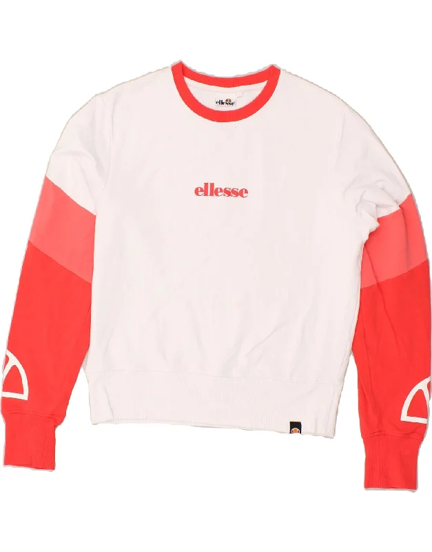 ELLESSE Womens Graphic Sweatshirt Jumper UK 14 Large White Colourblock Hoodie with Applique Textured Unique ELLESSE Womens Graphic Sweatshirt Jumper UK 14 Large White Colourblock Hoodie with Applique Textured Unique
