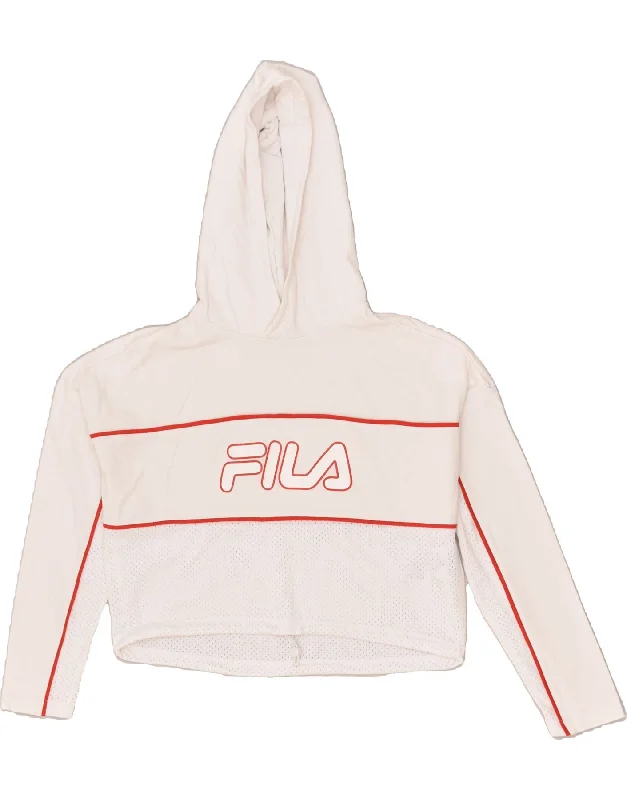 FILA Womens Crop Graphic Hoodie Jumper UK 6 XS White Cotton Hoodie with Exposed Zipper Edgy Industrial FILA Womens Crop Graphic Hoodie Jumper UK 6 XS White Cotton Hoodie with Exposed Zipper Edgy Industrial