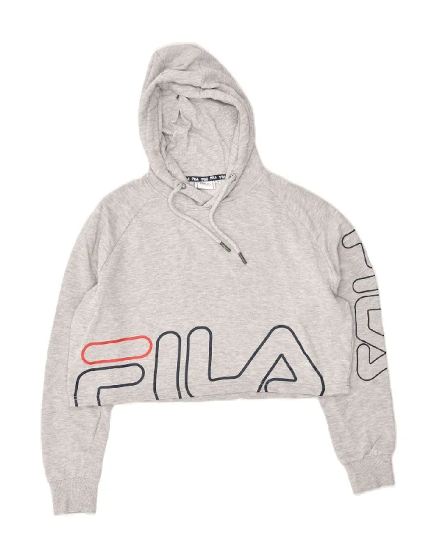 FILA Womens Graphic Crop Hoodie Jumper UK 10 Small Grey Cotton Hoodie with Hem Embroidery Detailed Premium FILA Womens Graphic Crop Hoodie Jumper UK 10 Small Grey Cotton Hoodie with Hem Embroidery Detailed Premium
