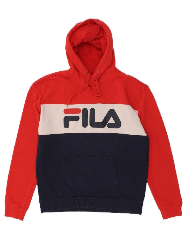 FILA Womens Graphic Hoodie Jumper UK 14 Medium Red Colourblock Cotton Hoodie with High Neck Warm Protective FILA Womens Graphic Hoodie Jumper UK 14 Medium Red Colourblock Cotton Hoodie with High Neck Warm Protective