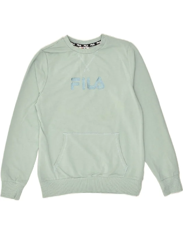 FILA Womens Graphic Sweatshirt Jumper UK 10 Small Green Cotton Hoodie with Hem Fringe Bohemian Relaxed FILA Womens Graphic Sweatshirt Jumper UK 10 Small Green Cotton Hoodie with Hem Fringe Bohemian Relaxed