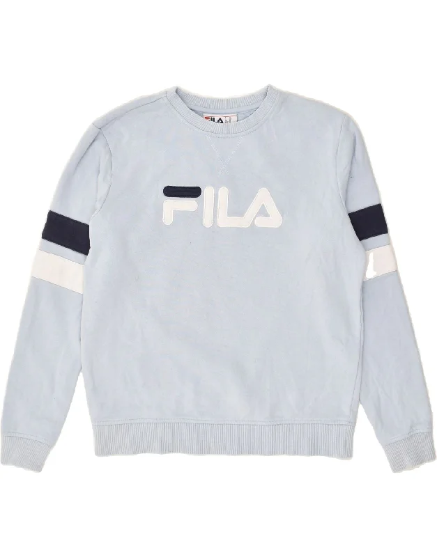 FILA Womens Graphic Sweatshirt Jumper UK 14 Medium Blue Cotton Hoodie with Hem Elastic Stretchable Comfortable FILA Womens Graphic Sweatshirt Jumper UK 14 Medium Blue Cotton Hoodie with Hem Elastic Stretchable Comfortable
