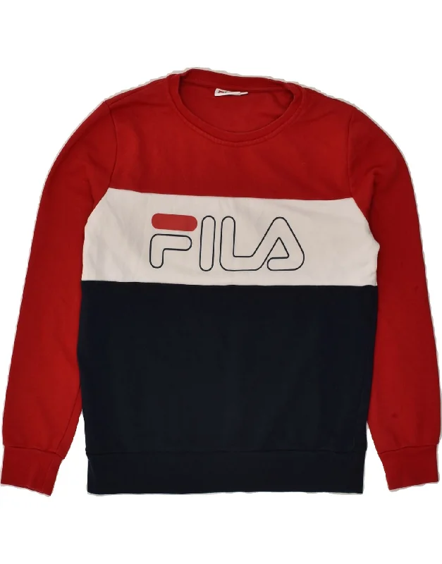 FILA Womens Graphic Sweatshirt Jumper UK 14 Medium Red Colourblock Hoodie with Set-In Sleeves Structured Classic FILA Womens Graphic Sweatshirt Jumper UK 14 Medium Red Colourblock Hoodie with Set-In Sleeves Structured Classic