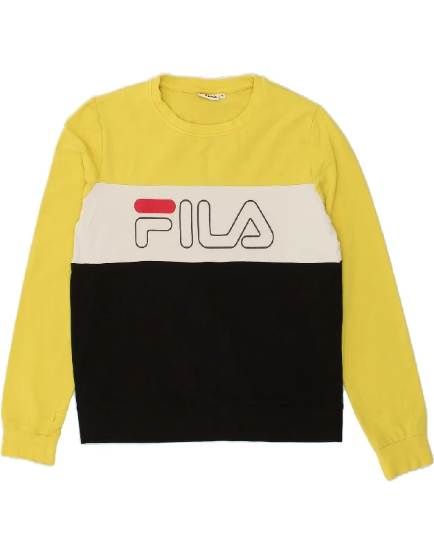 FILA Womens Graphic Sweatshirt Jumper UK 14 Medium Yellow Colourblock Hoodie with Metallic Shiny Futuristic FILA Womens Graphic Sweatshirt Jumper UK 14 Medium Yellow Colourblock Hoodie with Metallic Shiny Futuristic
