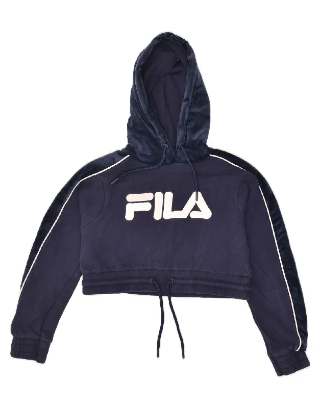 FILA Womens Oversized Graphic Hoodie Jumper UK 0 2XS Navy Blue Cotton Hoodie with Cropped Fit Short Trendy FILA Womens Oversized Graphic Hoodie Jumper UK 0 2XS Navy Blue Cotton Hoodie with Cropped Fit Short Trendy
