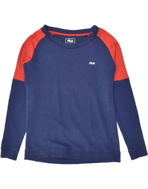 FILA Womens Sweatshirt Jumper UK 12 Medium Navy Blue Colourblock Cotton Hoodie with Hem Raw Edge Edgy Unfinished FILA Womens Sweatshirt Jumper UK 12 Medium Navy Blue Colourblock Cotton Hoodie with Hem Raw Edge Edgy Unfinished