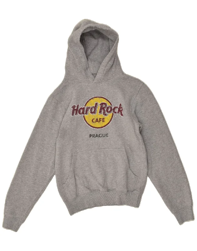HARD ROCK CAFE Womens Prague Graphic Hoodie Jumper UK 10 Small Grey Cotton Hoodie with Hem Frayed Vintage Worn HARD ROCK CAFE Womens Prague Graphic Hoodie Jumper UK 10 Small Grey Cotton Hoodie with Hem Frayed Vintage Worn