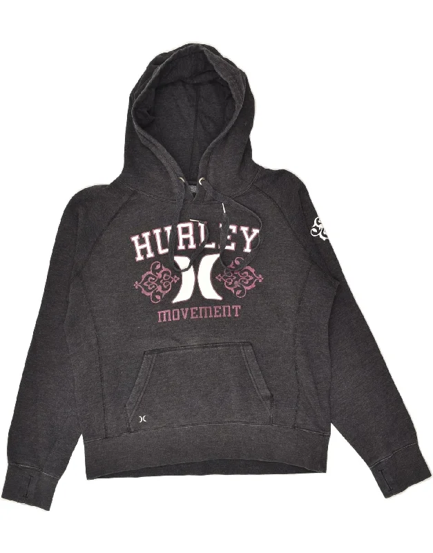 HURLEY Womens Graphic Hoodie Jumper UK 16 Large Grey Cotton Hoodie with High Neck Warm Protective HURLEY Womens Graphic Hoodie Jumper UK 16 Large Grey Cotton Hoodie with High Neck Warm Protective