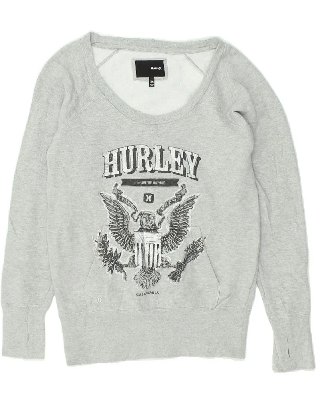 HURLEY Womens Graphic Sweatshirt Jumper UK 6 XS Grey Hoodie with Hem Raw Edge Edgy Unfinished HURLEY Womens Graphic Sweatshirt Jumper UK 6 XS Grey Hoodie with Hem Raw Edge Edgy Unfinished