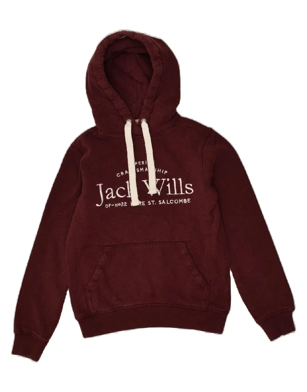 JACK WILLS Womens Graphic Hoodie Jumper UK 4 XS  Burgundy Cotton Hoodie with Embroidery Detailed Premium