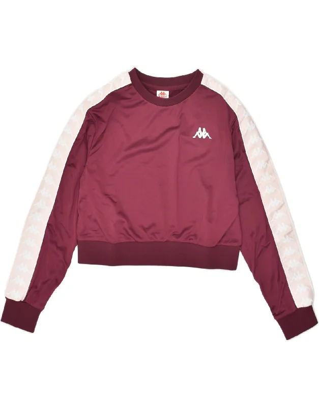 KAPPA Womens Crop Sweatshirt Jumper UK 10 Small Burgundy Polyester Hoodie with Hem Frayed Vintage Worn KAPPA Womens Crop Sweatshirt Jumper UK 10 Small Burgundy Polyester Hoodie with Hem Frayed Vintage Worn