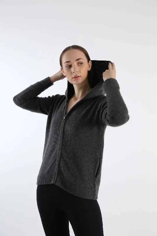 Pure Cashmere Hoody - Grey Hoodie with Drawcord Adjustable Secure