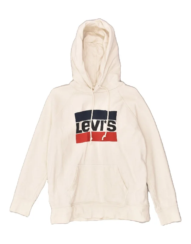 LEVI'S Womens Graphic Hoodie Jumper UK 14 Medium White Cotton Hoodie with Hem Raw Edge Edgy Unfinished LEVI'S Womens Graphic Hoodie Jumper UK 14 Medium White Cotton Hoodie with Hem Raw Edge Edgy Unfinished