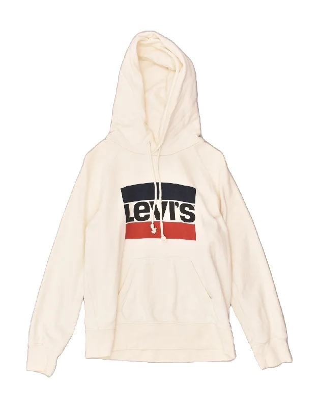 LEVI'S Womens Graphic Hoodie Jumper UK 6 XS White Cotton Hoodie with Hem Applique Textured Unique LEVI'S Womens Graphic Hoodie Jumper UK 6 XS White Cotton Hoodie with Hem Applique Textured Unique