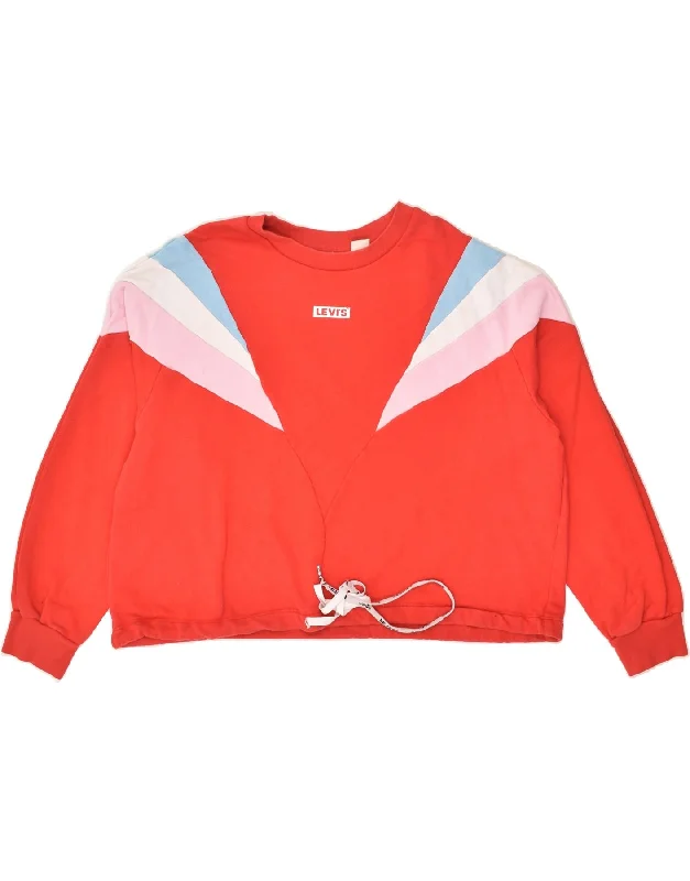 LEVI'S Womens Oversized Sweatshirt Jumper UK 16 Large Red Cotton Hoodie with Hem Embroidery Detailed Premium LEVI'S Womens Oversized Sweatshirt Jumper UK 16 Large Red Cotton Hoodie with Hem Embroidery Detailed Premium